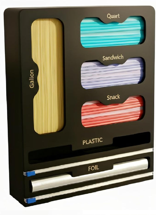 Storage Bag organizer, 6 in 1 Foil and Plastic Wrap Dispenser with Cutter, Bamboo Kitchen Drawer Organizer Food Bag Organizer for Gallon, Quart, Sandwich, Snack Bags (Black) by PrimeNex