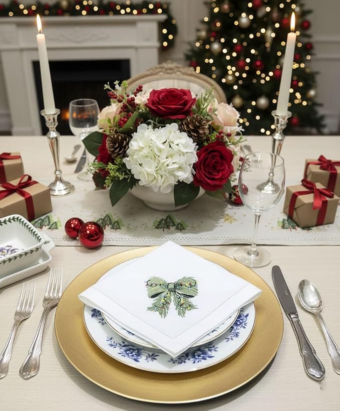 Embroidered Cloth Napkin Green Bow Christmas Cotton Napkins Set of 6, 20 x 20 Hemstitch Table Napkins, Machine Washable, for Daily & Holiday Dining, Great Gift Ideas - Image 4