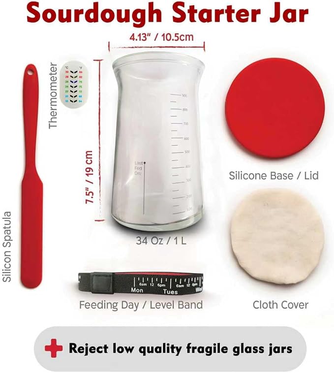 Sourdough Bread Starter Kit Baking Supplies with Cast Iron Dutch Oven for Bread Baking 34 Oz Starter Jar 2 Cotton Rope Banneton Proofing Basket Best Gift Set - Image 3