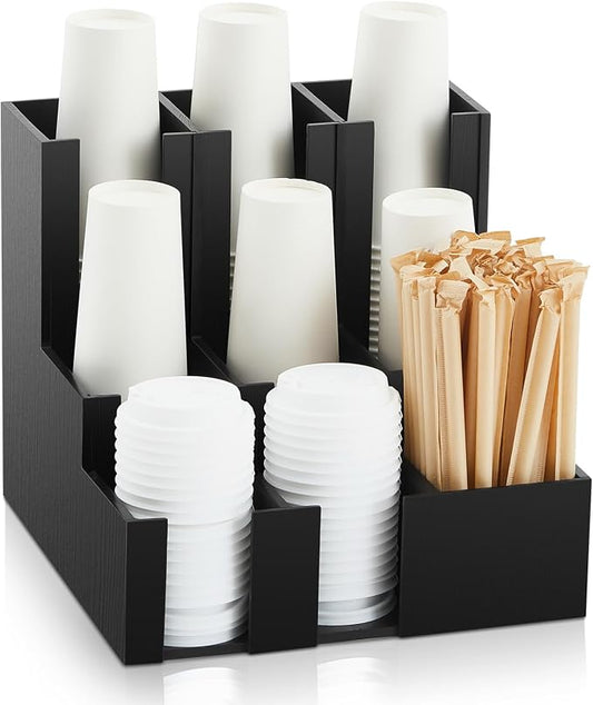 CroBlissful Wooden Vertical Coffee cup and lid dispenser, coffee condiment organizer, 9 Compartment for Disposable Paper & Plastic Cup, for cabinet Station Home Countertop Bar 13''l x 13''w x 12''h by CroBlissful