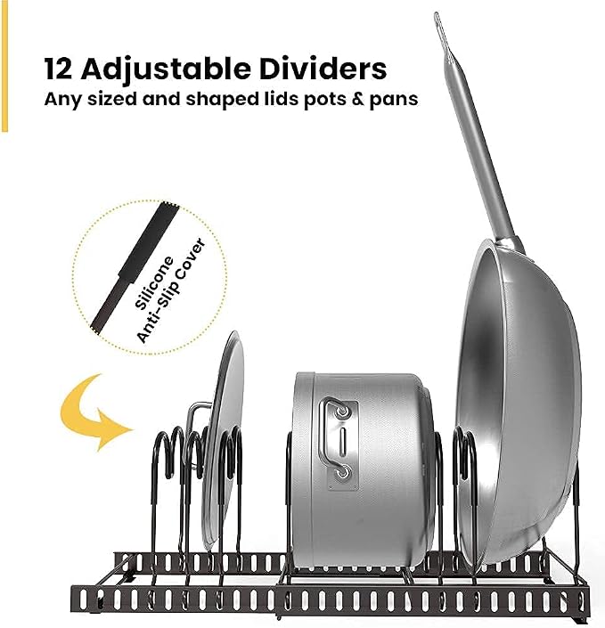 12 Adjustable Dividers Pot Lid Organizer Rack, Expandable Pan Holder for Kitchen Counter and Cabinet - Image 2