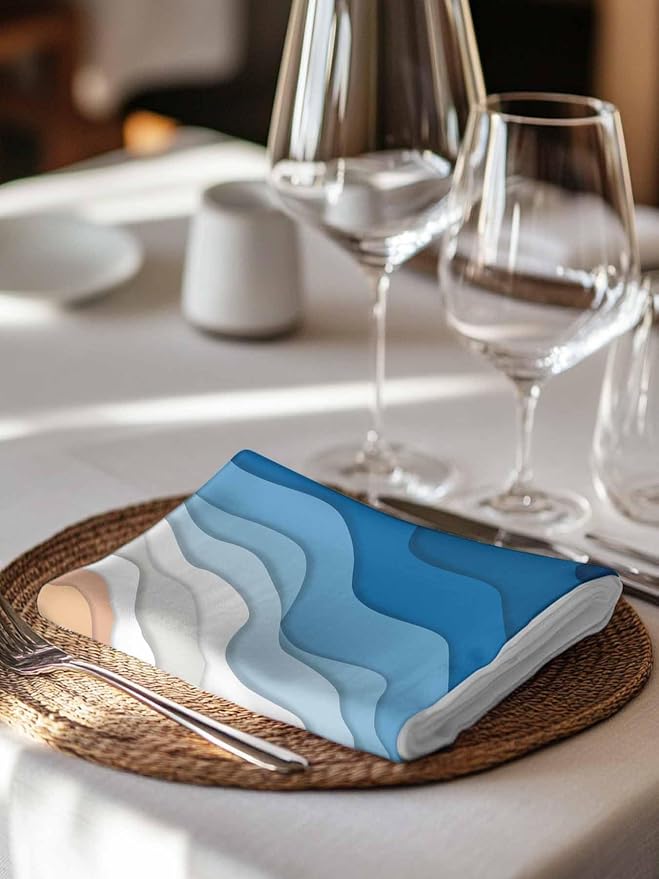 Blue White Sea Waves Cloth Napkins Washable Set of 4, 20 x 20 Inch Reusable Coastal Ombre Abstract Beach Ocean Stripes Dinner Table Napkins Cloth Bulk for Wedding Kitchen Restaurant Hotel Event Party - Image 7