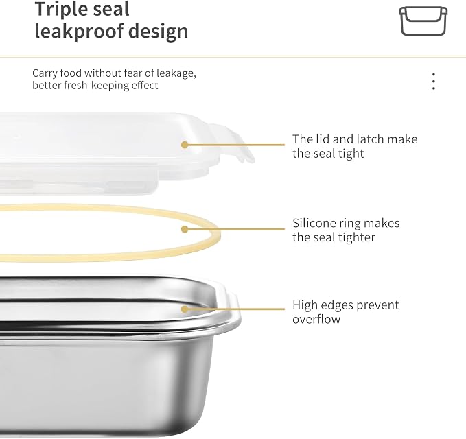 18/8 Stainless Steel Food Storage Containers, Meal Preparation Container Set, Baking Pan, Leak Proof Stackable Light and Easy Storage, Metal Set of 5 (2PC 21oz/2PC 43oz/1PC 169oz) - Image 4