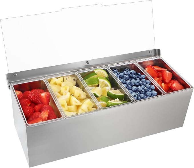 MOLIGOU Chilled Condiment Server, Stainless Steel Chilled Condiment Tray with Lid, Ice Fruit Serving Containers with 5 Removable Compartments by MOLIGOU
