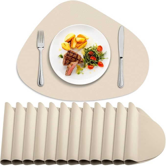 Faux Leather Placemats Set of 12, Wipeable & Washable Table Mats | Waterproof, Heat-Resistant & Easy to Clean Round Place Mats for Dining & Kitchen, 17''x13'', Beige by Delicateandelegantplacemats