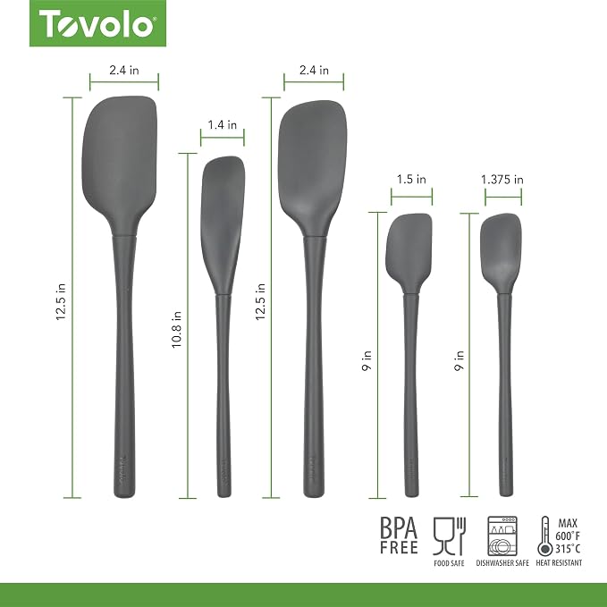 Tovolo Flex Core 5 Piece Silicone Spatula Set Heat Resistant All Silicone Utensils Include Non Stick Spatula Spoonula Jar Scraper, Dishwasher Safe BPA Free Spatulas for Baking Mixing, Charcoal Gray - Image 6