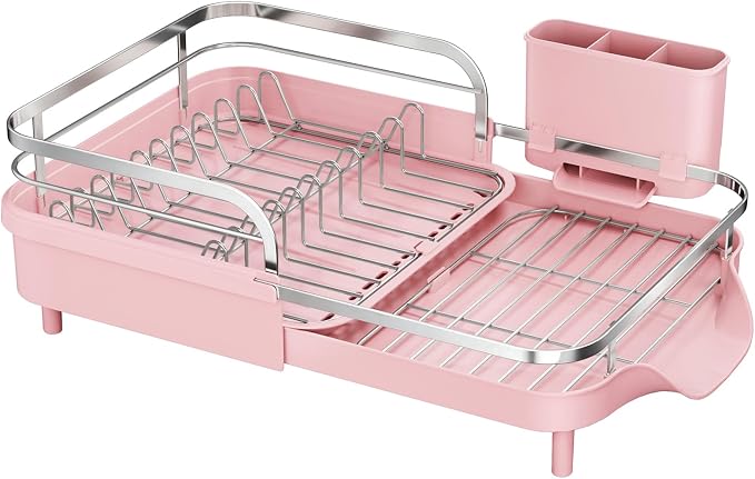 SAYZH Expandable Dish Drying Rack for Small Kitchen Counter, Pink | Stainless Steel, Protective Guardrail, Angled Drainboard, Fits High-Rim Sinks, Removable Utensil Holder by SAYZH