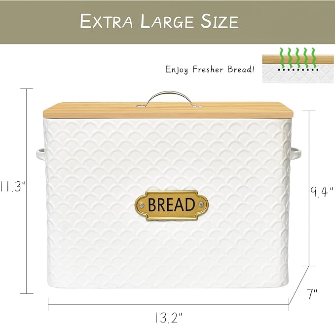 EMAX HOME Extra Large Space Saving Farmhouse Bread Box With Wood Lid - Holds 2 Loaves - Vertical Breadbox Bread Storage Bin Holder for Kitchen Countertop, White - Image 5