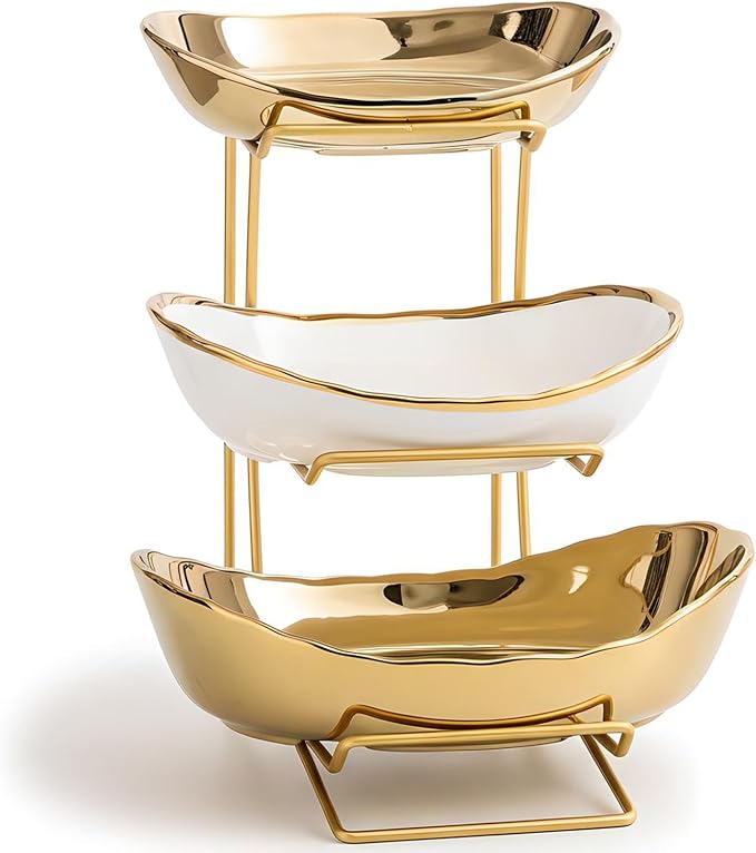 Gold Silver Fruit Bowl with Metal Stand, 3 Tier Ceramic White Fruit Bowl Fruit Rack for Kitchen Counter, Tiered Fruit Basket for Snacks Bread Candy Storage (Gold (Smooth Surface)) by MEIGLQEA