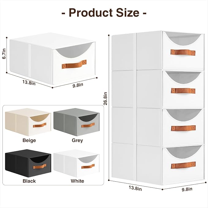 Stackable Storage Drawers - Collapsible Storage Bins with Drawers, 8 Pack Closet Shelf Organizer Basket, Fabric Pull Out Organizer for Bedroom, Living Room, Dorm, White - Image 3