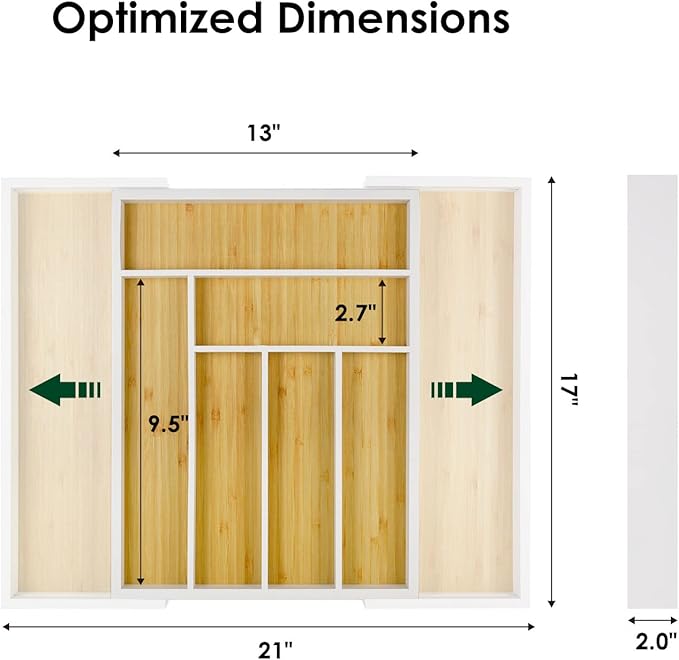 Bamboo drawer organizer, utensil holder, silverware organizer, and adjustable cutlery tray with drawer dividers, for kitchen, office desk, and bathroom storage (White) - Image 5