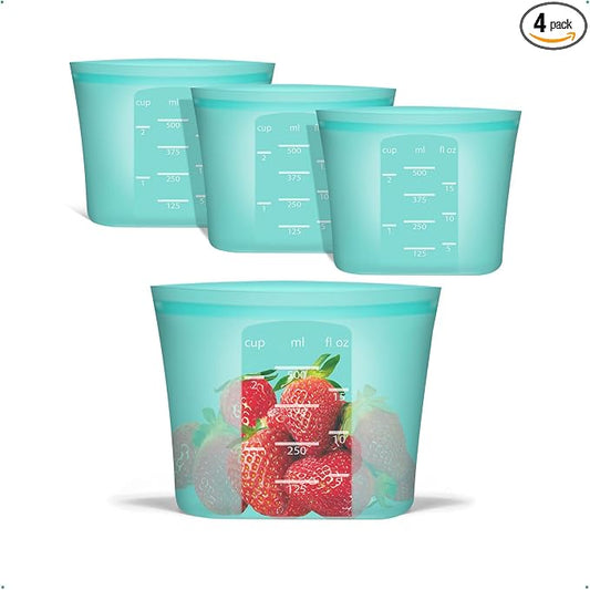 Reusable Snack Bags, 4 Pack, Stand Up 100% Silicone Reusable Storage Bag, Ziplock Silicone Food Storage Containers Snack Size, Freezer Microwave Oven Dishwasher Safe, Aqua, 16oz by Annaklin