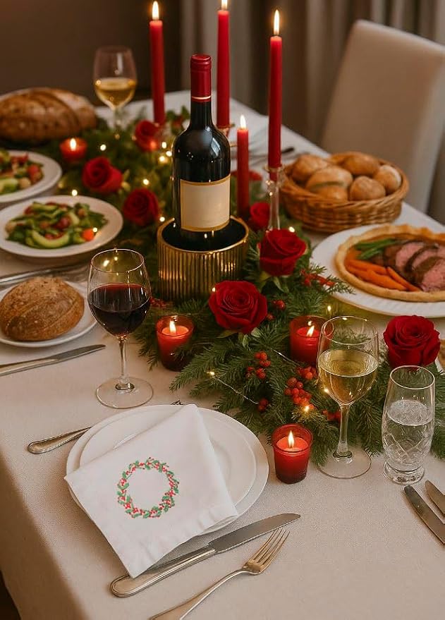 Embroidered Cotton Napkins Christmas 20x20 (Holly & Red Berries Wreath) - Image 5