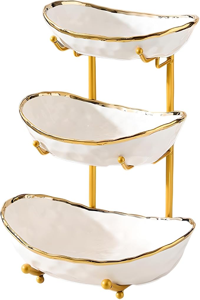 XUDREZ 3 Tier Fruit Bowl with Metal Stand for Kitchen Counter, Ceramic White Gold Silver, Tiered Fruit Basket for Nuts, Snacks, Bread, Candy Storage (White A) by XUDREZ