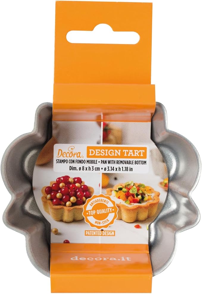 Decora 0075050 Non-Stick Steel Round Design Tart Pan 3.14" Diameter x 1.18" High with Loose Removable Bottom, for Easy Demolding, Professional Design Registered, Patented by DECORA