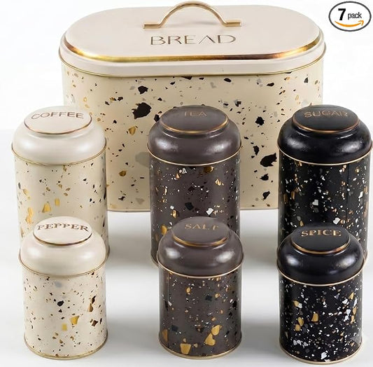 MARIA ROMA 7 Pcs Bread Box Set for Kitchen Countertop and Canisters Sets for the Kitchen Ideal for Bread Basket Sugar Container Coffee Canister Tea Tin Breadbox Vintage and Rustic Model by MARIAROMA
