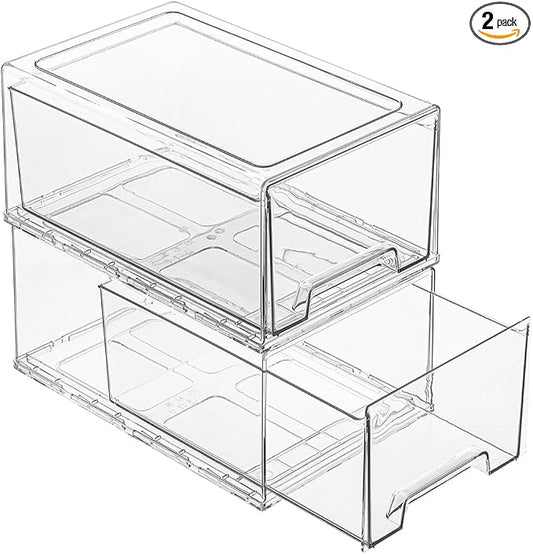 Clear Acrylic Stackable Storage Drawers, Plastic Refrigerator Organizer Bins with Handles for Undersink, Cabinet, Fridge, Closet, Pantry, Office, Bathroom, Kitchen(2 Pack) by PiJeyiee
