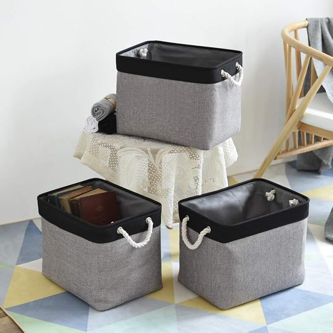 Storage Basket for Organizing - 16x12x12 inch Cube Storage bin 3 Pack Fabric Storage Cubes, Collapsible Storage Box for Organizer Cloth Gift Toy Closet (Black & Grey) - Image 8