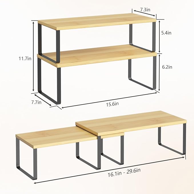 NEX Kitchen Cabinet and Counter Shelf Organizer, Stackable & Expandable, Set of 4, Black and Natural - 7.7 x 15.6 x 6.2'' - Image 3
