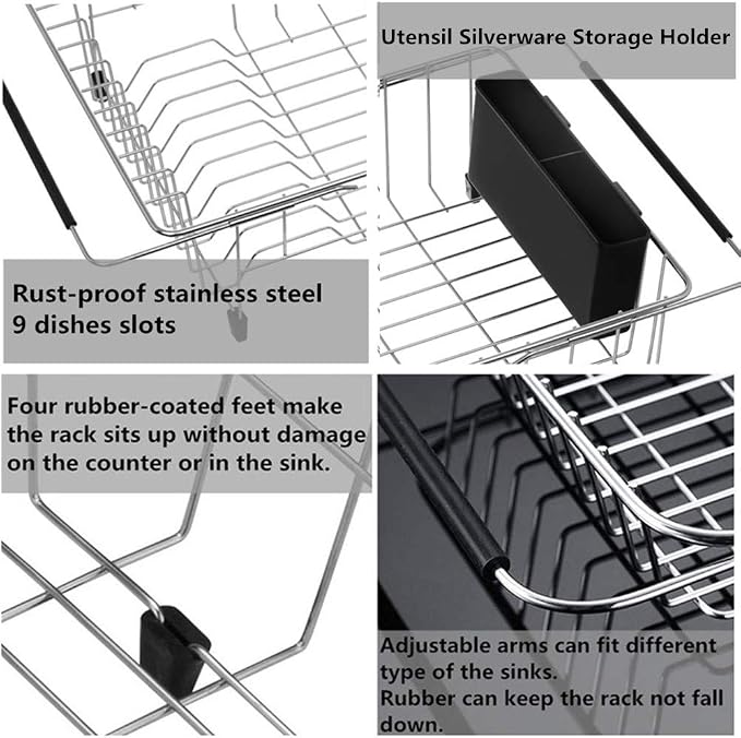 SANNO Expandable Dish Drying Rack, Large Dish Rack Adjustable Deep Dish Drainer Stainless Steel Cutlery Utensil Holder Silverware Organizer Rack with Hooks - Image 3
