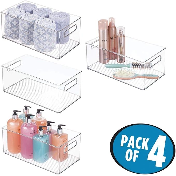 mDesign Plastic Bathroom Storage Container Bins w/ Handles - Closet, Cabinet, Vanity, Cupboard Shelf Organization, Hair Tools Accessory Organizer - Ligne Collection; Clear, 14.6x8.1x6 (Pack of 4) - Image 3