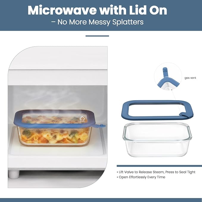 Taree Glass Food Storage Containers with Glass Silicone Lids,22/35oz, Blue | Meal prep,office lunches&eftover storage,borosilicate glass,microwave safe reheating with steam vent,BPA free,dishwasher safe - Image 3