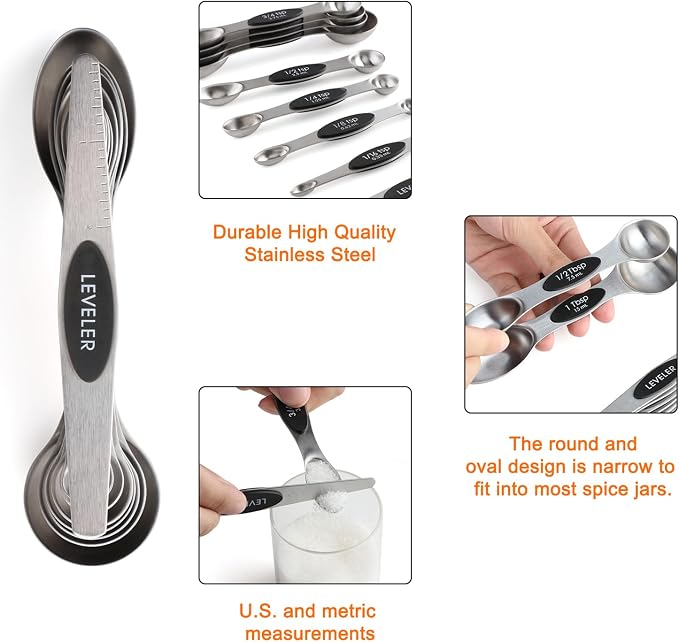 Magnetic Measuring Cup & Spoon Set Stainless Steel 7 Magnetic Measuring Cup | Stackable Dual sided Magnetic Measuring Spoons 8pcs with Leveler for Dry Liquid Ingredient - Image 3