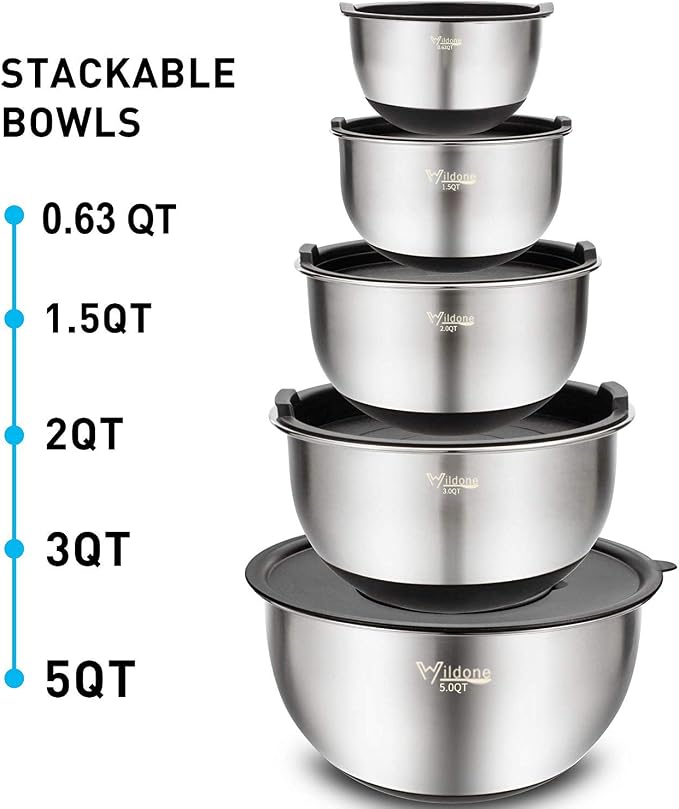 Wildone Mixing Bowls with Airtight Lids Set, 5PCS Stainless Steel Nesting Bowls for Kitchen, with Grater Attachments & Non-Slip Bottoms, Size 5, 3, 2, 1.5, 0.63 QT, Great for Mixing & Serving - Image 7