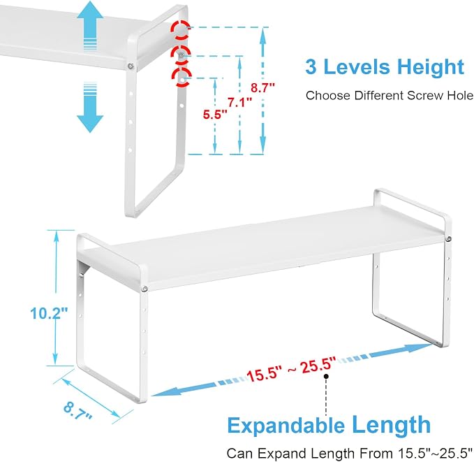 15.5 to 25.5 Inch Kitchen Cabinet Shelf Organizers, Adjustable Kitchen Counter Shelf Organizer, Set of 3 Expandable Countertop Storage Shelves, Stackable Design, 30LBS Heavy Duty, Space Saver - Image 2