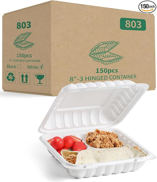 YANGRUI 150-Pack 34oz 8" White Hinged Containers - Mineral-Filled PP | Clean Packed Ready to Use | Heavy Duty Meal Prep & Takeout Boxes | Microwave Safe BPA Free, Stackable Clamshell for Leftovers by YANGRUI