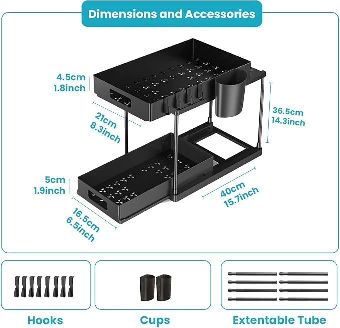 Pack of 2-Under Sink Organizer, Multi-Purpose Under Cabinet Storage with Hooks Hanging Cups, Heavy Load pull-out 2-Tier Under Sink Storage Organizer and Large Capacity Bathroom Cabinet (Black) - Image 2