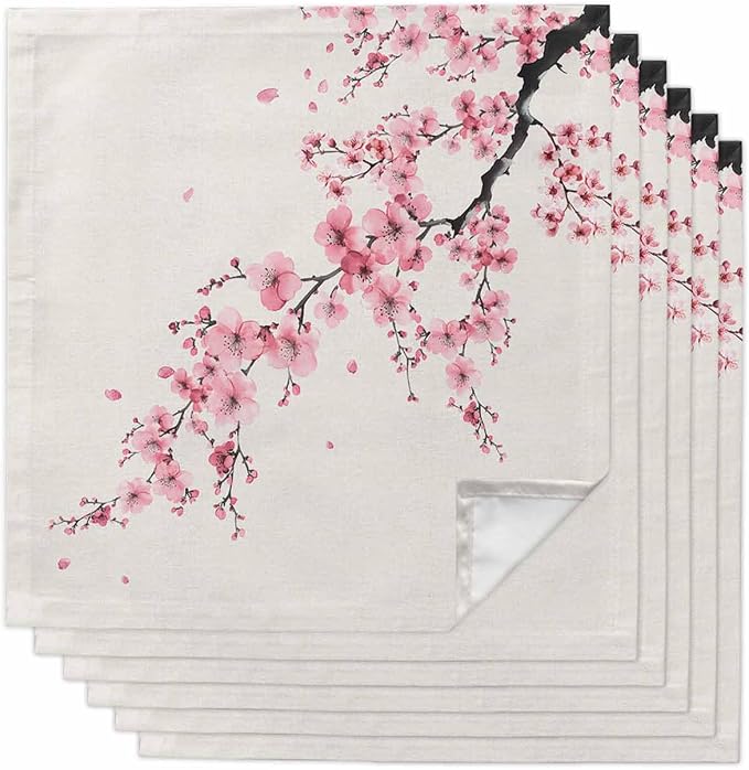 Cherry Blossom Cloth Napkins Set of 6 - Washable Dinner Napkins Reusable Table Napkins for Home Party Weeding Dining Table Setting Decoration, Pink Asian Japanese Burlap Beige Oversized 20"x20" by Unknown