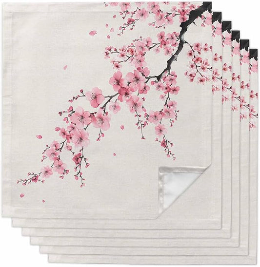 Cherry Blossom Cloth Napkins Set of 6 - Washable Dinner Napkins Reusable Table Napkins for Home Party Weeding Dining Table Setting Decoration, Pink Asian Japanese Burlap Beige Oversized 20"x20" by Unknown