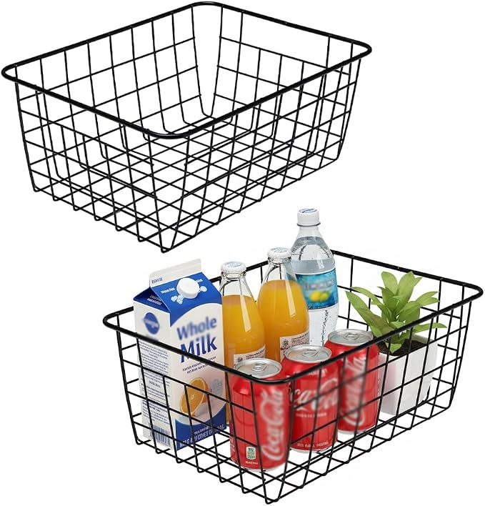 LeleCAT Wire Baskets with Handles Wire Storage Organizer Bin Baskets, Pantry, Closets, Bedrooms - Set of 2（Black） by HomeSpaceStorageBasket
