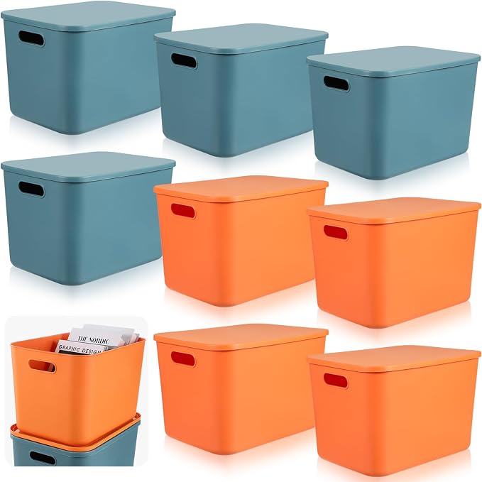 8 Pieces Colorful Storage Bins with Lid, Plastic Storage Basket Organizing Container Stackable Box with Handle for Shelves Desktop Playroom Office(14.2 x 10.2 x 9.5 Inch,Blue and Orange) by Hoolerry