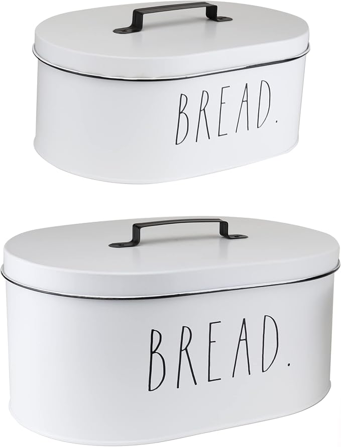 Rae Dunn Bread Box - Bread Box for Kitchen Countertop - 15" x 8" x 10" - 13.5" x 5.5" x 8.5" - Rustic White Metal Vintage Farmhouse Breadbox - Counter Storage Container by RaeDunn