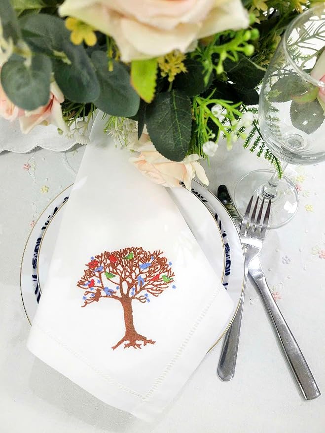 Embroidered Cotton Napkins with Tree of Life and Birds. Set of 6, 18"x18" White Table Napkins, Hemstitch Dinner, Party Napkins for Daily & Holidays, Events - Image 8