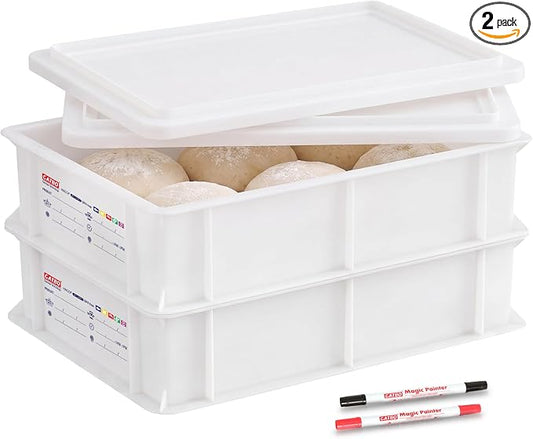 2 Pack Pizza Dough Proofing Boxes with 2 Lids, Commercial Food Grade Stackable Bread Proofing Containers with Label Sticker & 2 Erasable Markers, BPA Free, Fit Up to 6 Dough Balls Each by GATBO