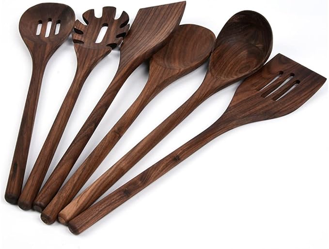 6 Pcs Black Walnut Kitchen Utensils Set,Handmade Natural Walnut Cooking Tools for Non-stick Serve Cookware with soup ladle Spatula Slotted Spatula Solid Spoon Slotted Spoon Spaghetti Server - Image 2