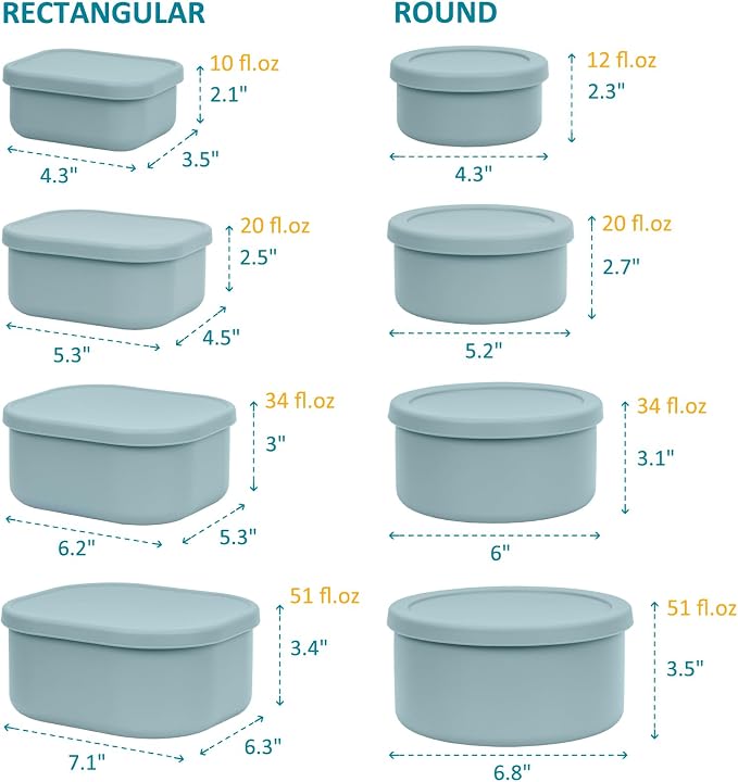 100% Silicone Food Storage Containers with Lids, 8 Pack, 10oz to 51oz, Reusable Leakproof Nesting & Stackable Silicone Bento Lunch Box, Microwave Freezer Dishwasher Oven Safe, BPA Free, Slate Green - Image 7