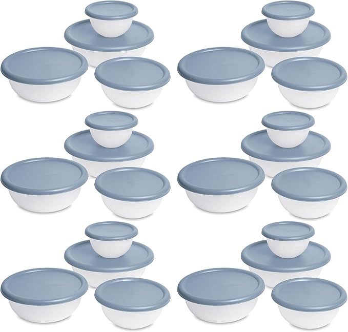 Sterilite Covered Bowl Set, Plastic Nesting Kitchen Mixing Bowls with Pour Spout, Meal Prep Food Storage Containers with Lids, Washed Blue (Set of 6) by Sterilite