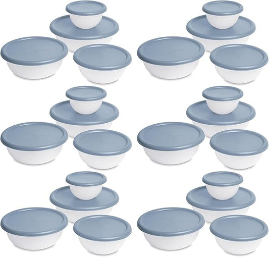 Sterilite Covered Bowl Set, Plastic Nesting Kitchen Mixing Bowls with Pour Spout, Meal Prep Food Storage Containers with Lids, Washed Blue (Set of 6) by Sterilite