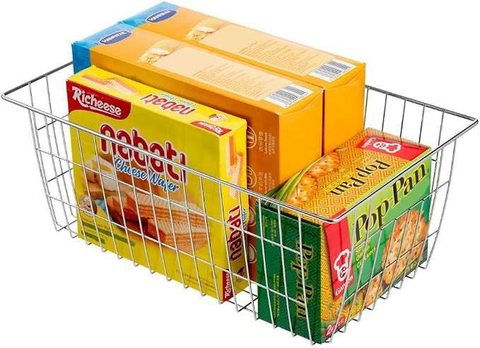 SANNO Freezer Baskets Wire Storage Baskets Closet Organization Baskets Bin Farmhouse Storage Bins Large Organizer Bins for Home, Office, Bathroom, Pantry -Set of 3, Chrome, 15.7" - Image 4
