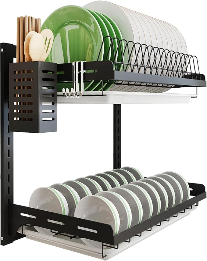 junyuan Kitchen Dish Rack,Hanging Dish Drying Rack Organizer Storage Shelf Over Sink,2 Tier Wall Mount Bowl Holder with Drain Tray and Silverware Stainless Steel Black Coating Ajustable Height by junyuan