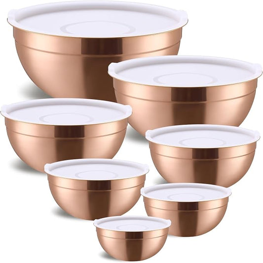 Rose Gold Mixing Bowls with Airtight Lids, Stainless Steel Nesting Mixing Bowls Set of 7, Ideal for Baking, Prepping and Serving Food, Size 7, 3.6, 2.7, 2.1, 1.5, 1.1,0.8 QT, Stackable Design by Moxinox
