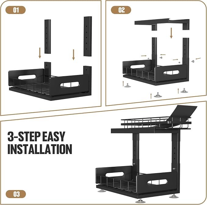Under Sink Organizer Upgrade To Professional Rails,2-Tier Dual Pull Out Cabinet Storage,Height Adjustable Slide Out Drawers For Bathroom Kitchen,2 Pack-14.5" Dx12.8-16.9" H,Black - Image 5