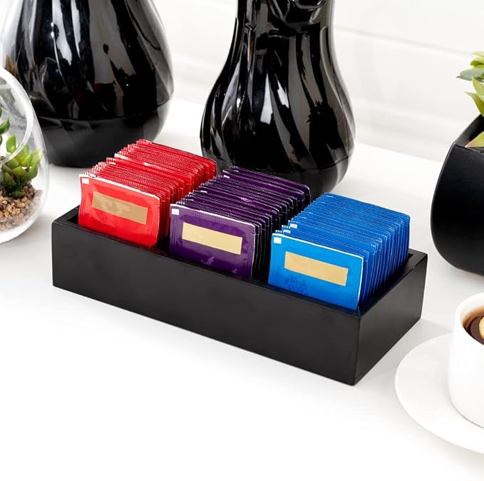 Restaurantware-9.5 x 4.25 x 2 Inch Coffee Condiment Organizer, 1 Rectangle Creamer Organizer - 3 Compartments, Black Bamboo Coffee Accessory Caddy, Won't Chip, For Tea And Sugar Packets - Image 4
