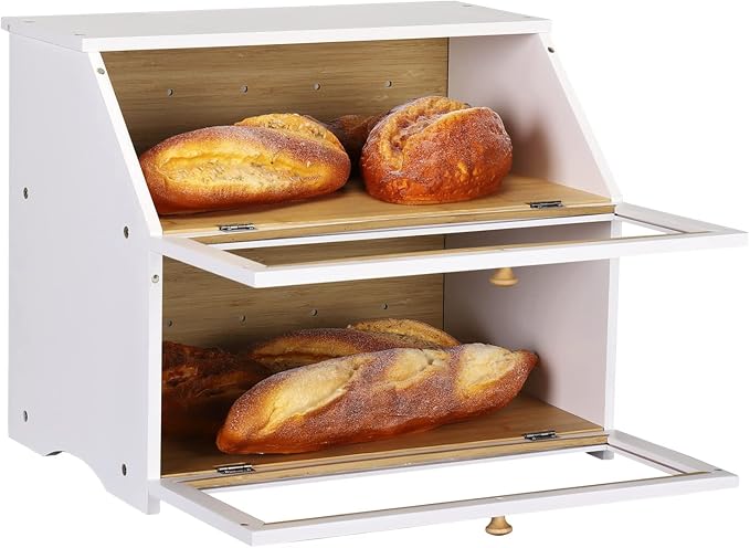 HOMEKOKO Double Layer Wood Bread Box for Kitchen Counter,Keep Fresh, White | Keeps Bread Fresh 3-4 Days, Large Capacity Fits 2+ Loaves, Suitable For Home Kitchen Food Storage Use, See-Through Window - Image 2
