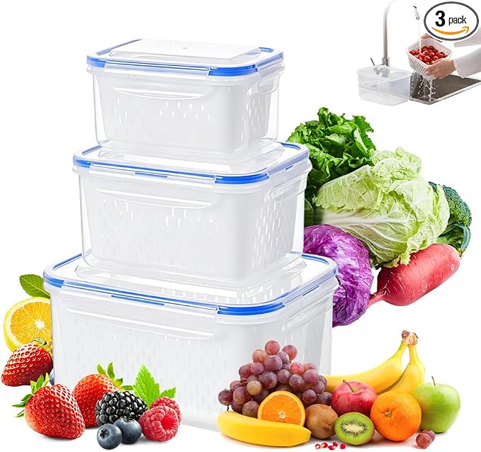 Fruit Storage Containers with Removable Colander (Blue 3PCS, S+M+L) | Leakproof Produce Containers for Fridge, Produce Storage Containers, Fridge Organizers and Storage for Fruit, Vegetables by Unknown
