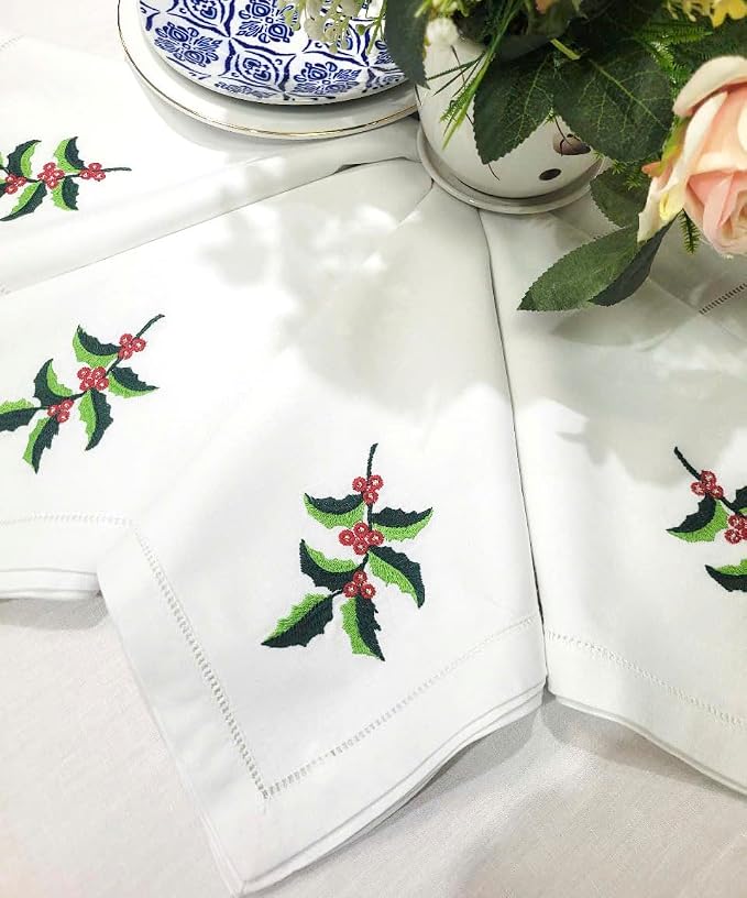 Embroidered Cloth Napkin Holly Leaf Christmas Cotton Napkins Set of 6, 20x20 Hemstitch Table Napkins Machine Washable, Daily & Christmas, Great Present Ideas - Image 3